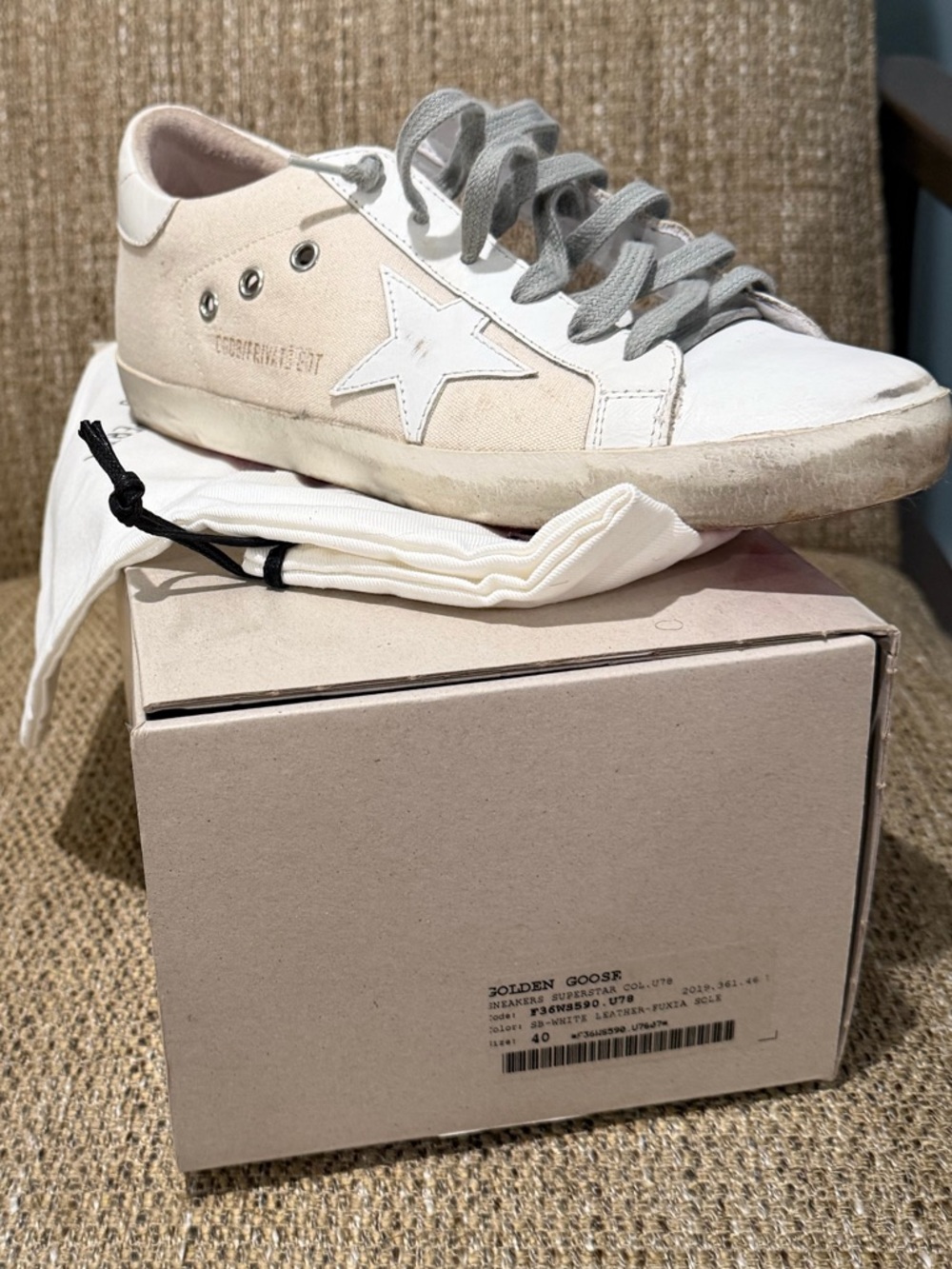 Golden Goose Cream and White Superstar Sneakers with Gray Laces